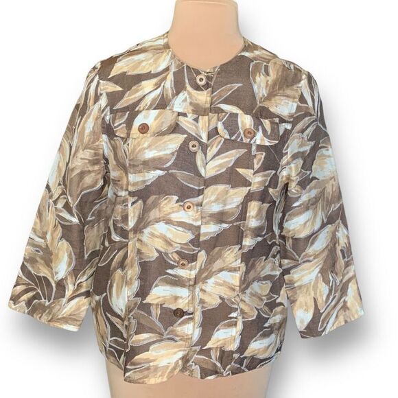 Vintage Jacket Brown Leaf Print Collarless Blazer Lightweight Summer 10 - Picture 1 of 12